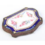 A 19th century Continental brass purse with guilloche enamelled scales decorated with a panel of