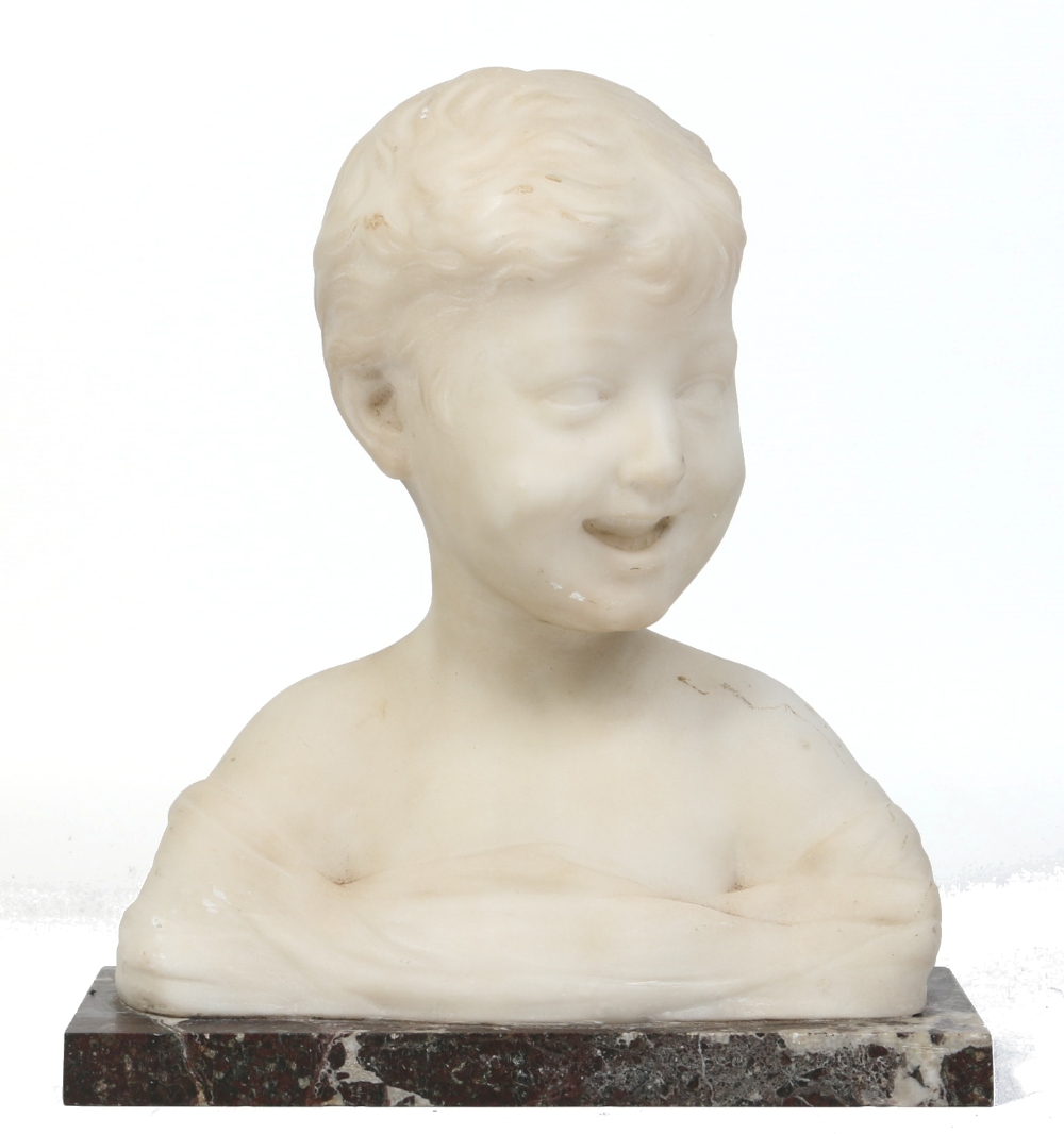 A 19th century carved white marble bust of a laughing child raised on a rectangular marble plinth,
