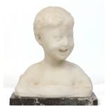 A 19th century carved white marble bust of a laughing child raised on a rectangular marble plinth,