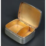 A George V silver snuff box with hinged cover, gilt interior and two compartments.