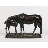 Pierre Lenordez (French 1815-1892). A patinated bronze horse sculpture of a mare and foal.