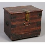 A Georgian oak strong box with iron drop handles and bindings, having large brass clasp, 59cm wide.