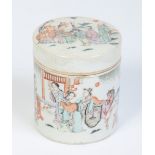 A 19th century Chinese pot and cover painted in coloured enamels with figures, 11cm.