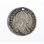 1697 William III Shilling Exeter mint 1st bust large shields rare, MNT.MK.