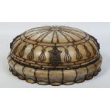 A leaded glass hanging lamp ornamented with lion masks, 51cm diameter. Condition Report.