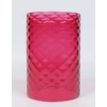 A cylindrical cranberry glass lamp shade with textured ground, 23.5cm. Condition Report.