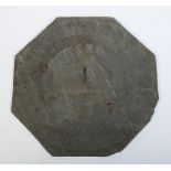 A 19th century octagonal slate sundial. Inscribed, R. Dea September 19 1806, 25cm wide.