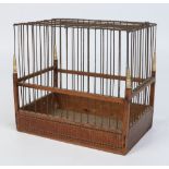 An antique inlaid mahogany linnet cage with turned bone finials, 21.25cm.