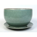 A 20th century Chinese large celadon crackle glazed bowl on stand, 43 cm diameter.