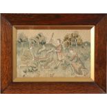 Two Victorian woolwork pictures in rosewood frames and depicting hunting scenes, 25cm x 40cm.