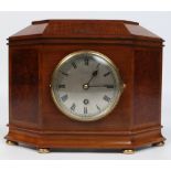 A walnut and mahogany cased mantel clock raised on brass squat bun feet, Vickery of London.