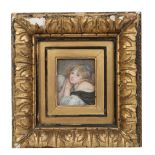 A 19th century watercolour portrait miniature of a young girl in deep gilt frame, 7cm x 5.5cm.