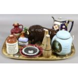 A tray lot of collectable items to include a Melba ware Bison model, Wedgwood, Limoges,