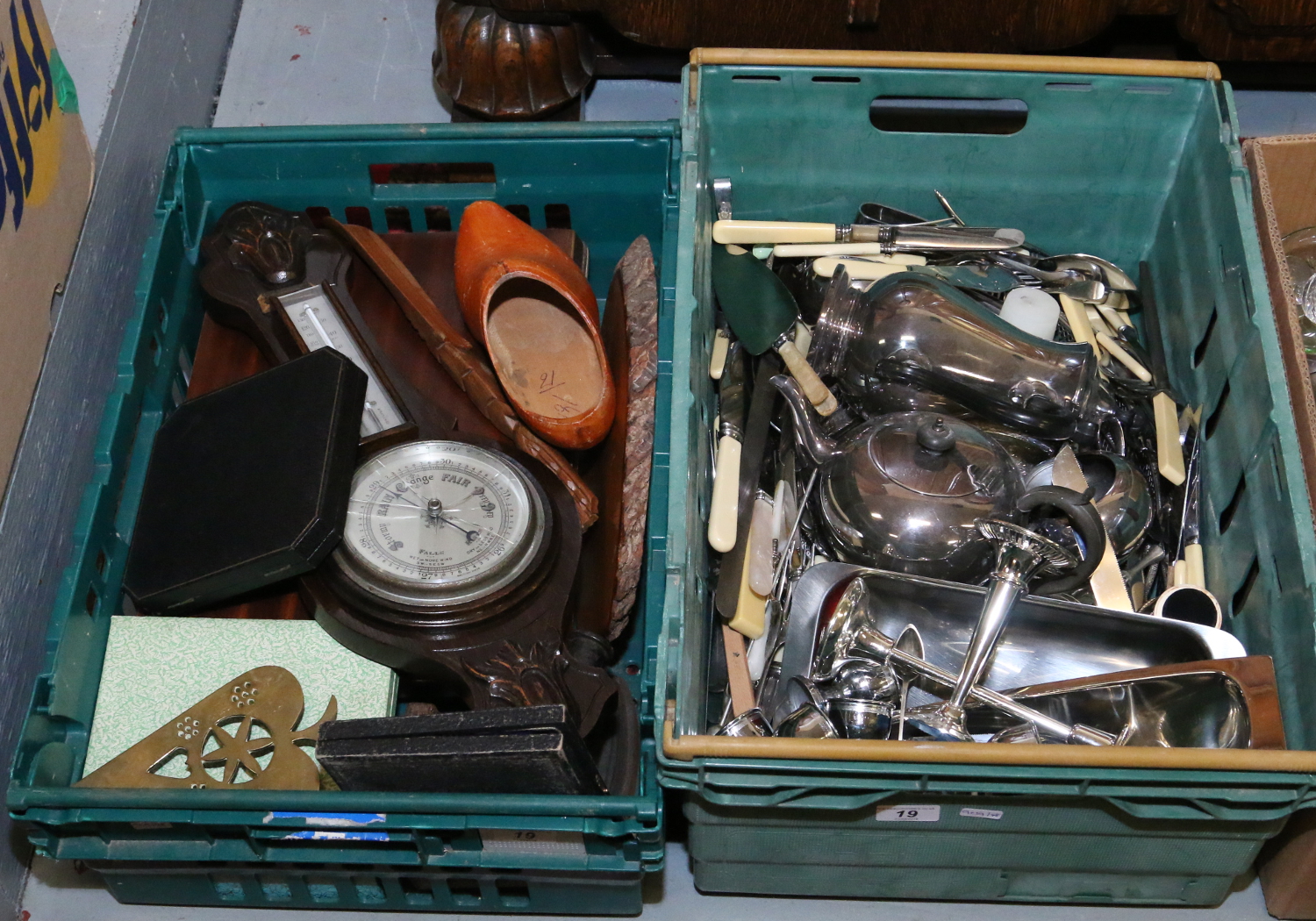 Two boxes of metalware to include cased cutlery and silver plated examples.