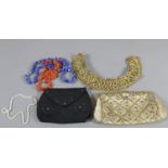 Two old ladies purses, coral and lapis necklaces and a gilt thread collar.