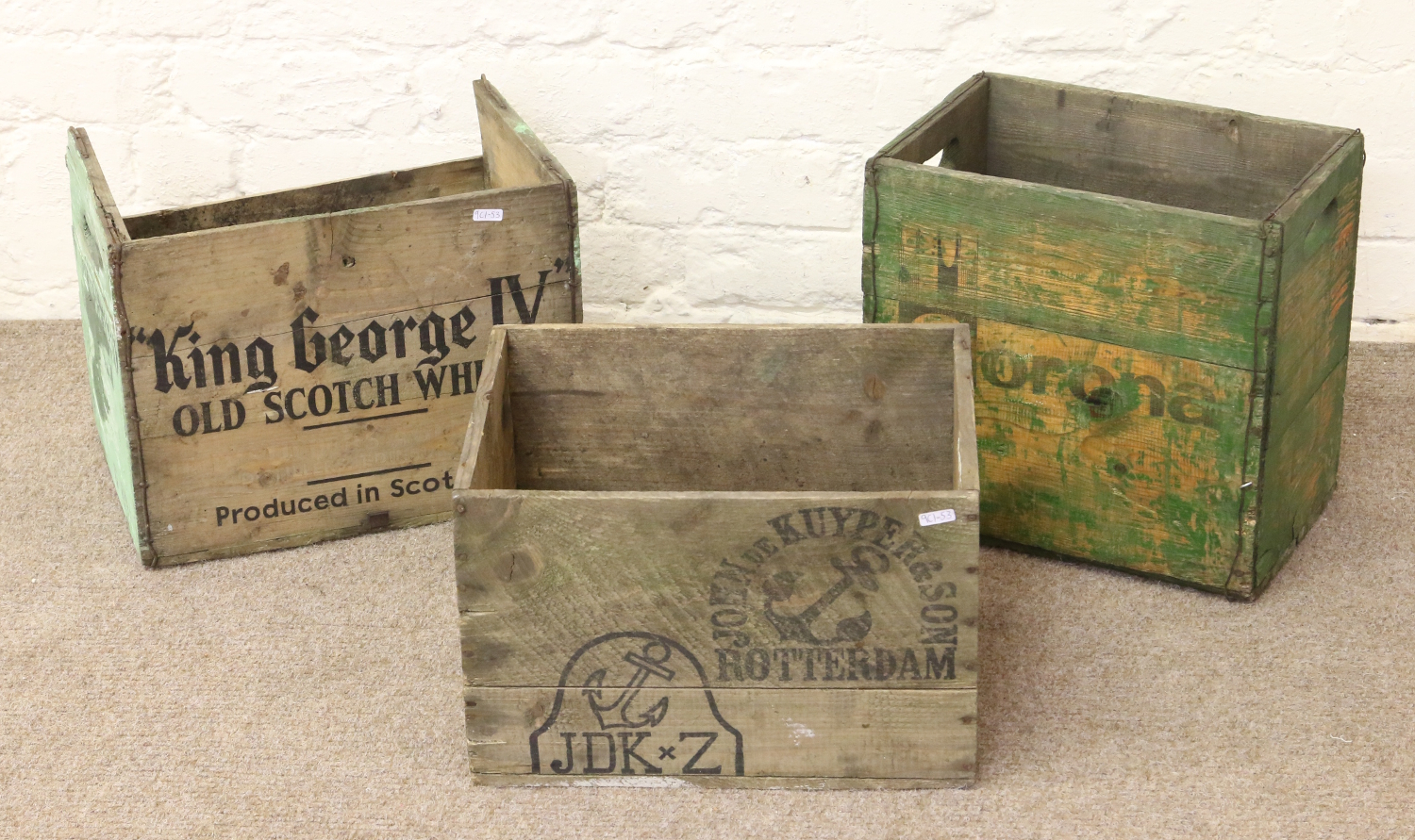 Three branded vintage beverage crates to include Corona,