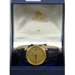 A Mappin & Webb 9ct gold gentleman's Quartz wristwatch with gold etched dial, date window,