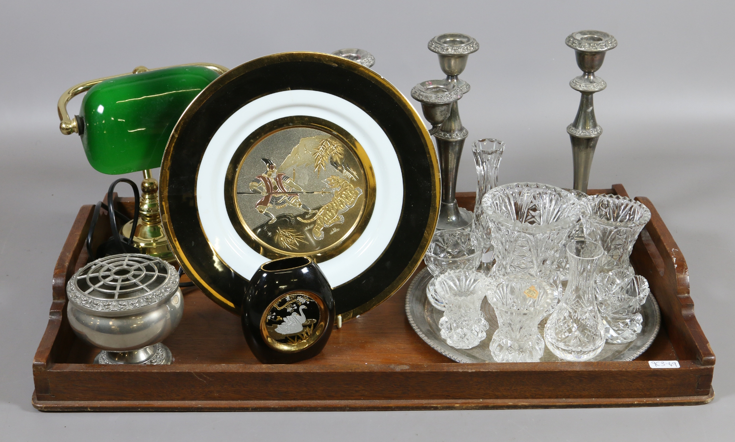 An oak tray to include green glass and brass reading lamp, silver plate, cut glasswares etc.
