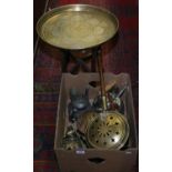 A box and contents of various metalware to include a copper kettle,