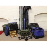 A large collection of fishing equipment to include Shakespeare carry boxes with contents of floats,