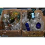 Two boxes of various coloured glassware to include art glass examples.