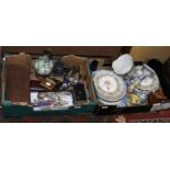 Two boxes of ceramics to include Royal Doulton Dickensware, Spode, cloisonne vases, pewter,