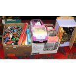 A box of childrens toys and games to include play figures, Matchbox and Corgi diecast vehicles,