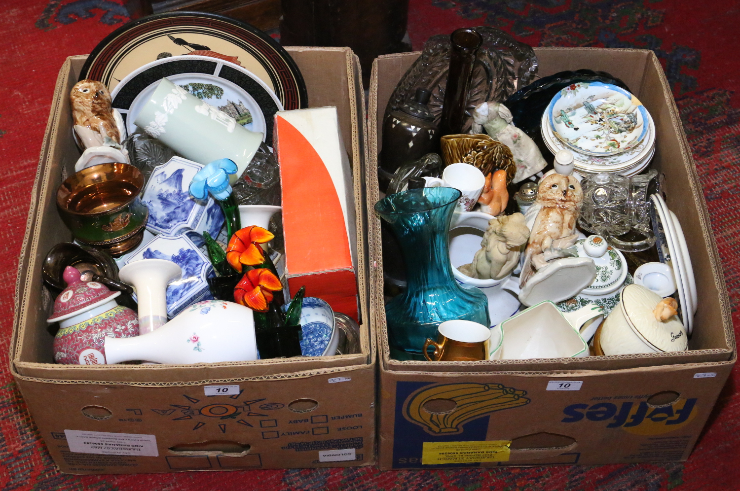 Two boxes of miscellaneous to include Noritake, Mintons, Murano style glass, blue and white, Sylvac,