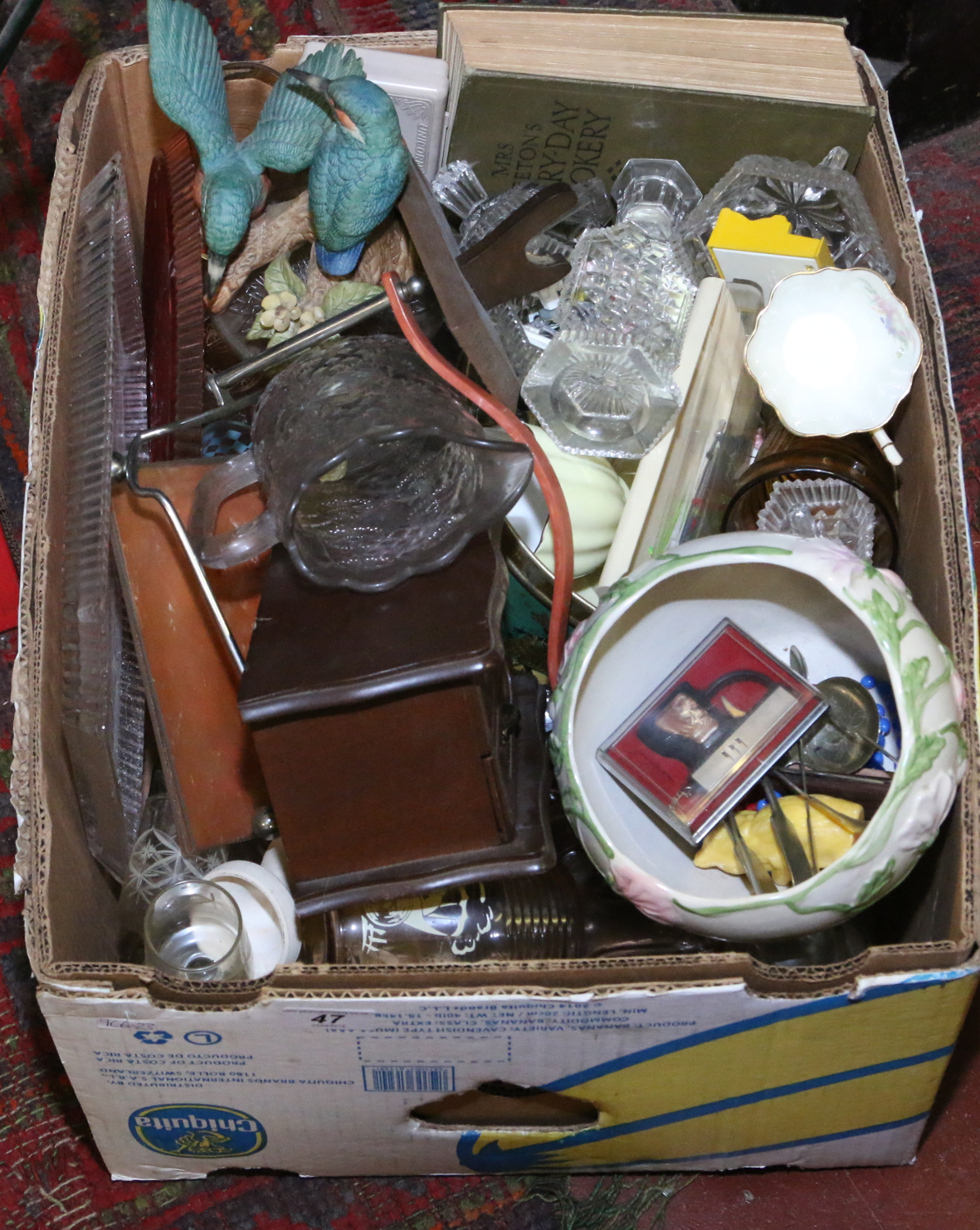 A box of miscellaneous items to include moulded glasswares, Victoria china, silver plate, ceramics,