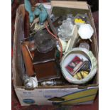 A box of miscellaneous items to include moulded glasswares, Victoria china, silver plate, ceramics,