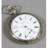 A Continental silver cased pocket watch with subsidiary seconds dial and Roman numeral markers.