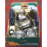 A box of various metalware to include Sheffield pewter examples and cased cutlery, etc.