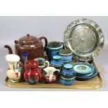 A tray lot of collectables to include brown enamel teapot, selection of West German pottery,