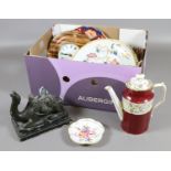 A box of ceramics to include Royal Crown Derby cabinet plates and coffee pot,