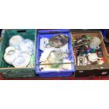 Three boxes of mixed china, glass and model cars, etc.