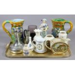 A tray lot of collectables to include Majolica, Polish glassware, Denby, RAF commemorative wares,