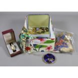 A box of costume jewellery including Stratton enamelled compact, ladies boxed Seiko wristwatch,