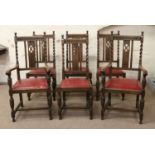 A set of four plus two carver arm barleytwist dining chairs with red leatherette upholstered seats