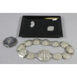 A Sterling Siam silver compact and a Japanese lacquered tray along with a white metal belt