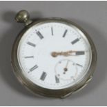 A Continental silver cased pocket watch with subsidiary seconds dial and Roman numeral markers.