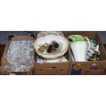 Two boxes of miscellaneous ceramics and a box of clear glass to include drinking vessels,