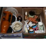 Two good boxes of mixed china and ornaments to include Denby examples.