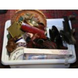 A box of miscellaneous ceramics, carvings and clocks to include Royal Worcester teawares,