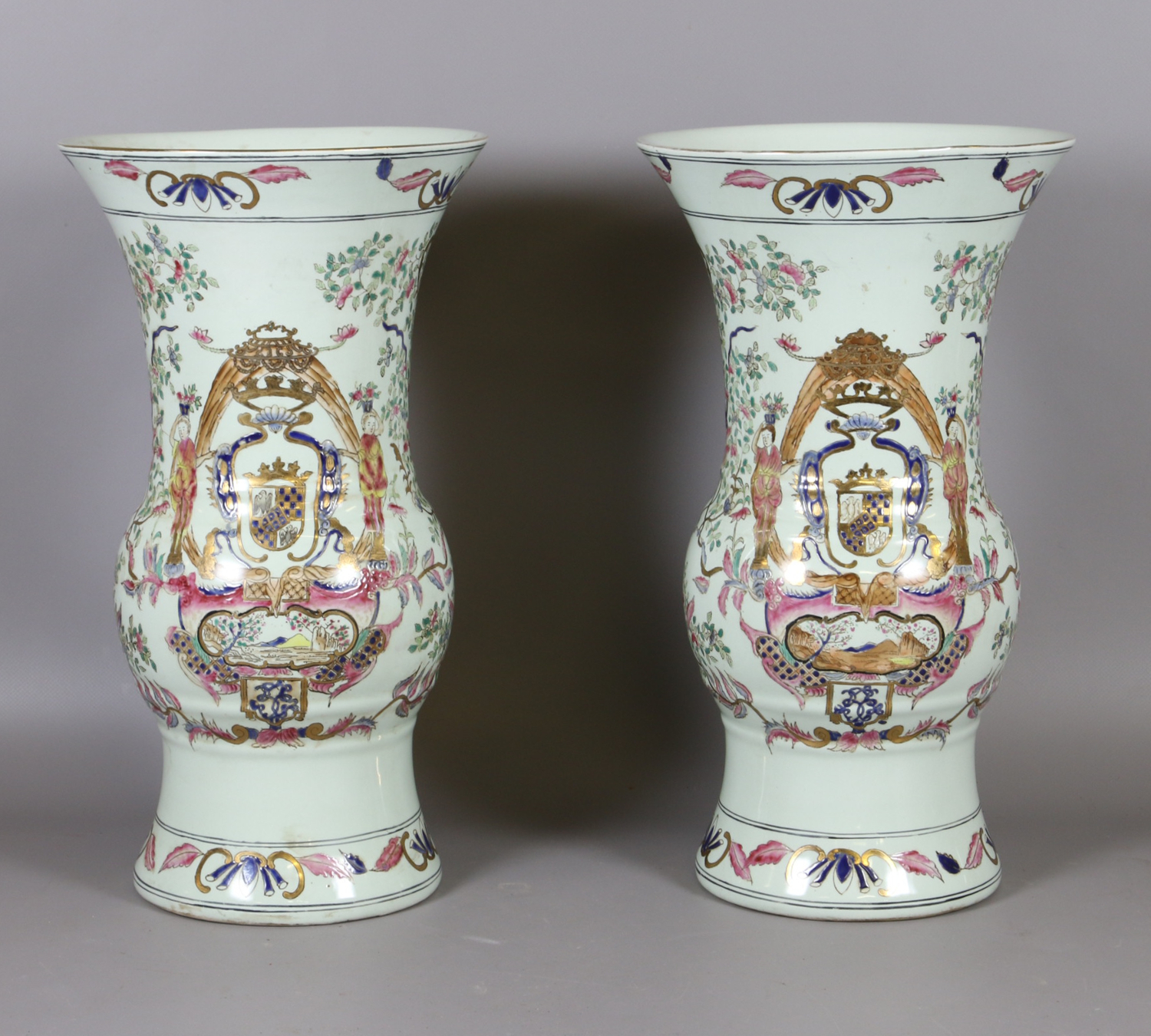 A pair of Samson vases after Chinese export armorial originals.