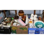 Three boxes of miscellaneous including West German art pottery vases, Sylvac, Royal Doulton,