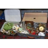 Two vintage suitcases and contents of collectables including Art Deco green glass dressing table