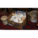 A box of various household ceramics to include stoneware, Wedgwood, bells, commemorative etc.