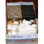 A box of mixed collectables to include a china teaset, metalwares and cased cutlery etc.