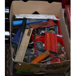 A box of various tools to include tools and socket set, spanners, tap and dye, leather punch etc.