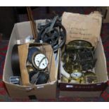 Two boxes of clock parts and clock makers tools including a Torsion clock,